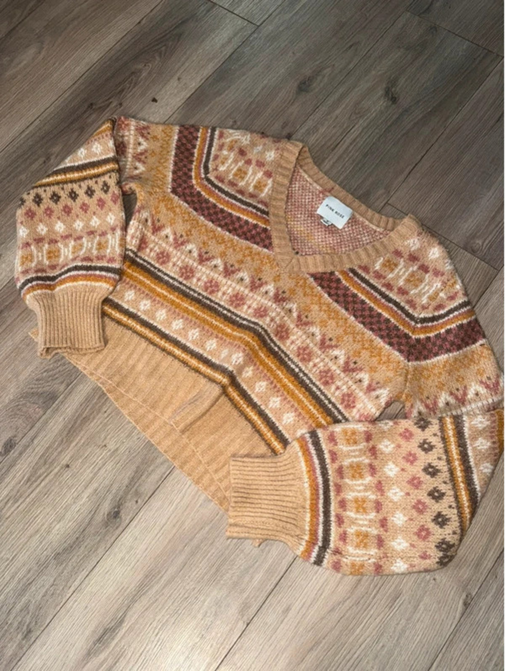 pink rose fair isle cropped v-neck sweater